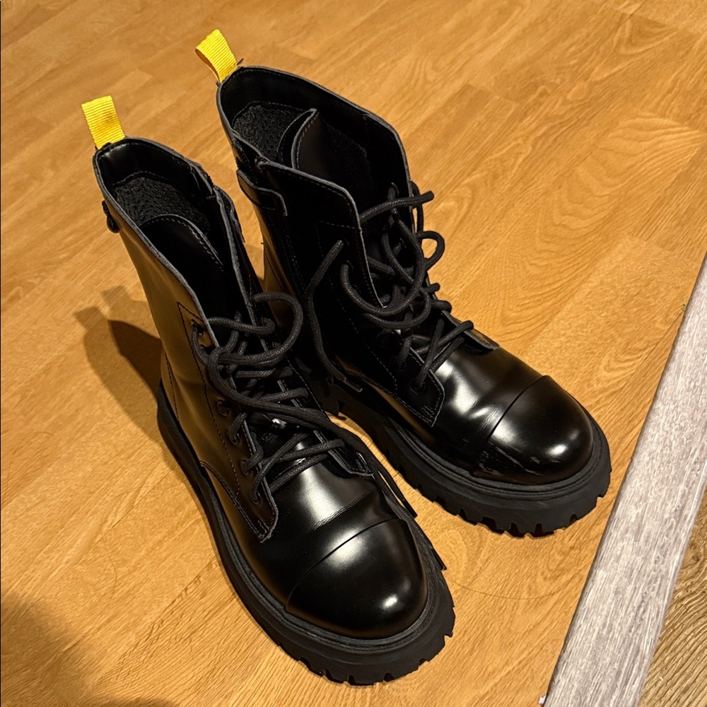 Geox Shiny Black Combat Boots with Yellow Accents